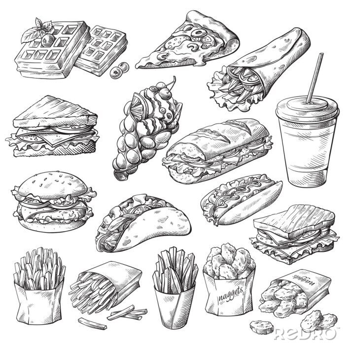 Sticker Essen Fast Food realistische schwarz-weiße Zeichnungen