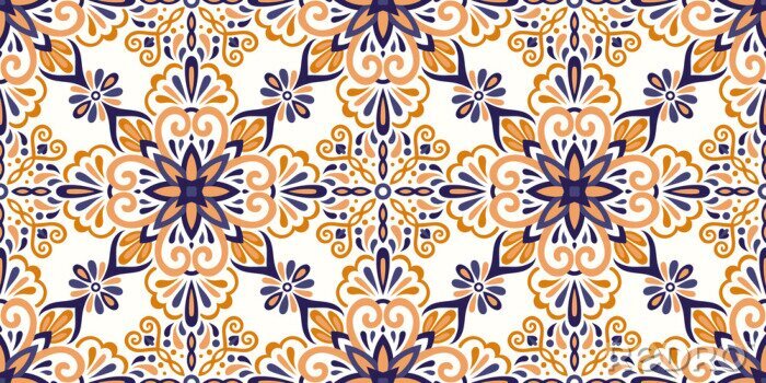 Sticker Ethnic style seamless pattern. Azulejo ceramic tile design. Zellige ornament. Talavera tracery motif. Portuguese, Spanish, Mexican, Brazilian folk print