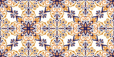Sticker Ethnic style seamless pattern. Azulejo ceramic tile design. Zellige ornament. Talavera tracery motif. Portuguese, Spanish, Mexican, Brazilian folk print