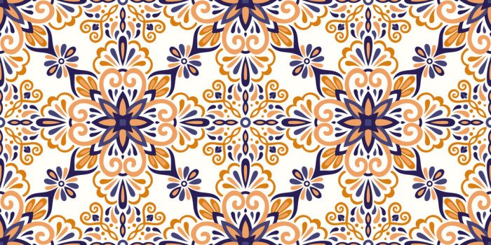 Sticker Ethnic style seamless pattern. Azulejo ceramic tile design. Zellige ornament. Talavera tracery motif. Portuguese, Spanish, Mexican, Brazilian folk print