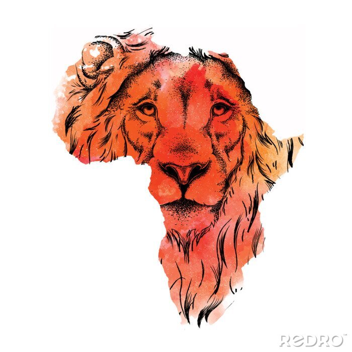 Sticker Ethnische Handzeichnung Kopf des Löwen in der Vektorkarte von Afrika. Vektor-Illustration. Abstrakter Hintergrund mit Aquarell-Flecken