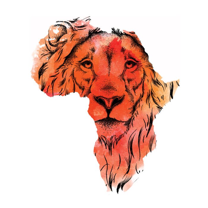 Sticker Ethnische Handzeichnung Kopf des Löwen in der Vektorkarte von Afrika. Vektor-Illustration. Abstrakter Hintergrund mit Aquarell-Flecken