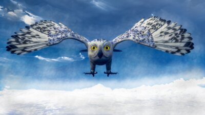 Eule 3D im Flug vor dem Hintergrund eines blauen Himmels