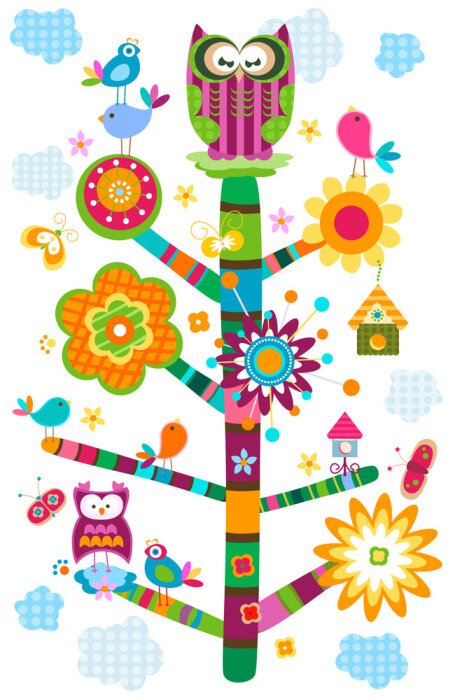 Sticker Eule auf farbigem Bäumchen