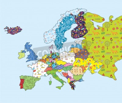 Sticker Europa-Karte lustig Design mit Muster und Icons