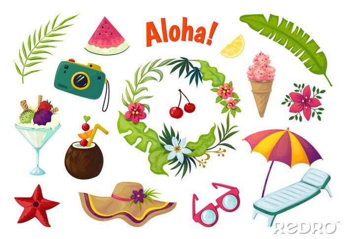 Sticker Exotic stickers. Summer party tropical collection of doodle fruits leaves cocktail flamingo, jungle vacation abstract vector elements