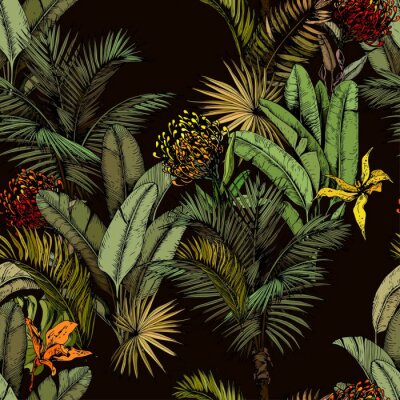 Exotische Blumen inmitten von tropischen Blättern auf schwarzem Hintergrund