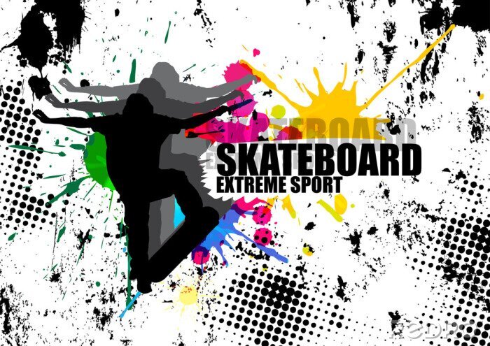 Sticker extreme sport man jumping with skateboard and splash color