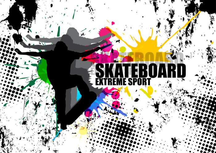 Sticker extreme sport man jumping with skateboard and splash color