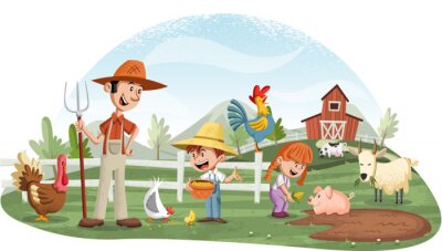 Sticker Familie auf einem Bauernhof mit Tieren