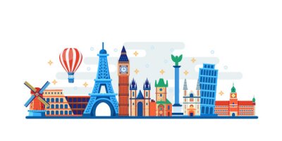 Sticker Famous travel and touristic landmarks. Vector flat illustration. World travel concept. Horizontal banner, poster design