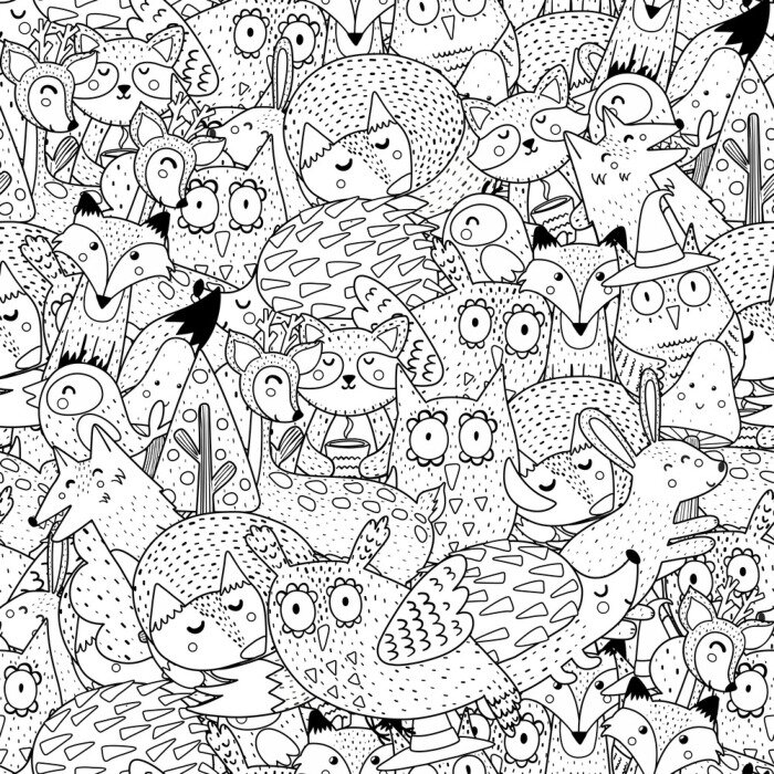 Sticker Fantasy forest animals black and white seamless pattern. Great for  coloring page, prints