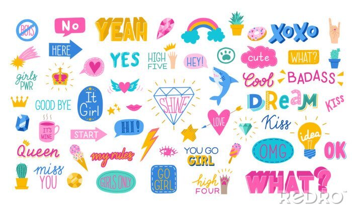 Sticker Farbenfrohe Aufschriften und Motive für eine Teenagerin