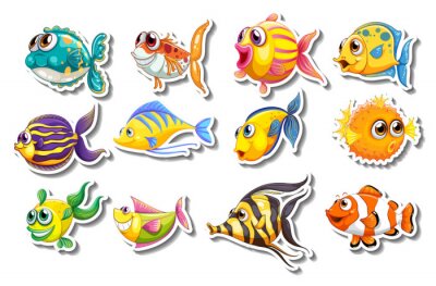 Sticker Farbenfrohe glückliche Fische mit Kulleraugen