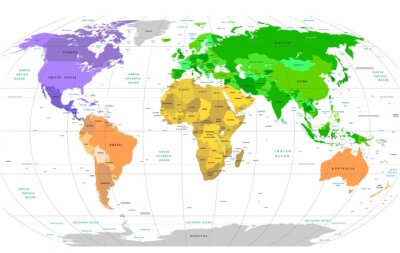 Farbenfrohe Weltkarte mit Aufschriften