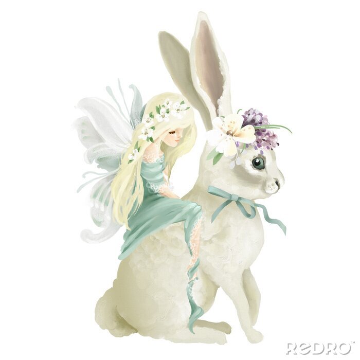 Sticker Fee mit blondem Haar auf einem Hasen sitzend