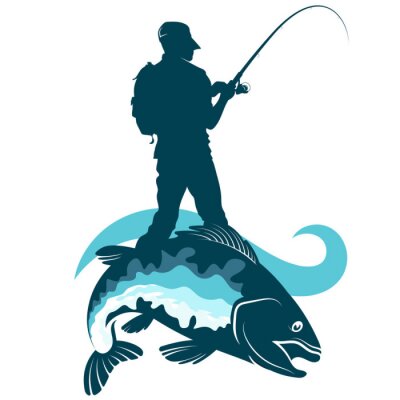 Sticker Fische Angler mit Rucksack auf Fisch stehend