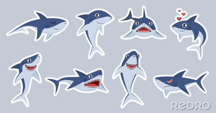 Sticker Fische Ozean Blauer Hai in verschiedenen Posen