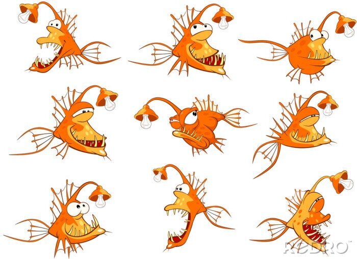 Sticker Fische Ozean Cartoon Fisch aus der Tiefe mit scharfen Zähnen