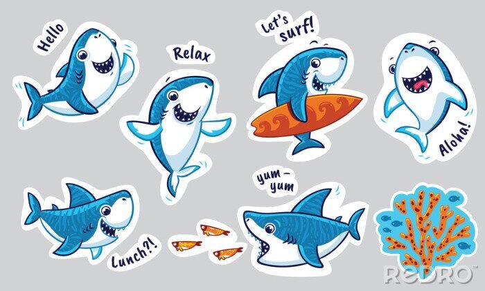 Sticker Fische Ozean lustiger blauer Hai