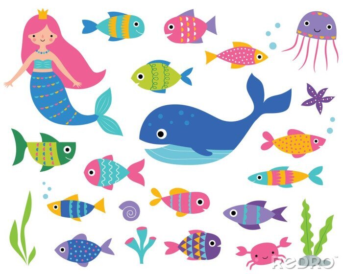 Sticker Fische und Seesterne und Meerjungfrau mit rosa Haaren