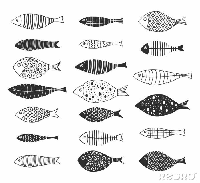 Sticker Fischskelette und Fische in schwarz-weißem Muster
