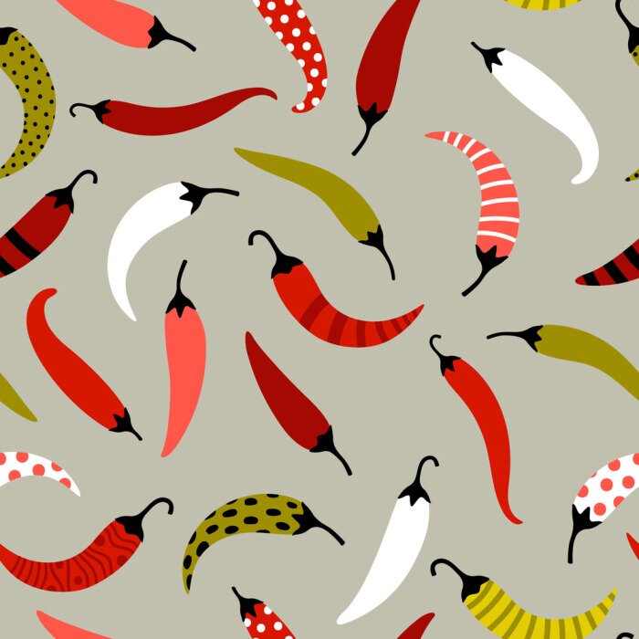 Sticker Flaches Vektor nahtloses Muster des Chilipfeffers. Mexikanischer würziger Gemüse-, Lebensmittelgeschmack dekorativer Hintergrund. Heißer Paprika mit kreativer Punkt- und Streifenverzierungsstruktur. R