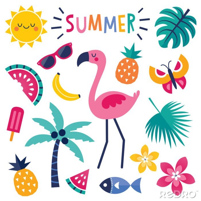Sticker Flamingo auf einer Urlaubsillustration
