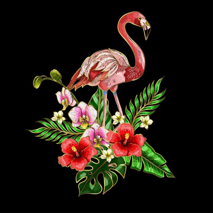 Sticker Flamingo mit Blumen auf schwarzem Hintergrund