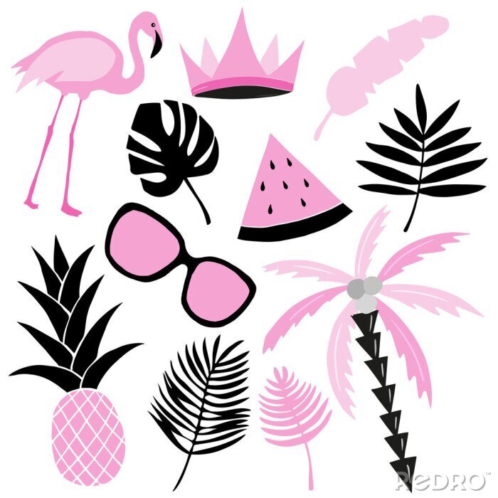 Sticker Flamingo mit Palmen und Früchten