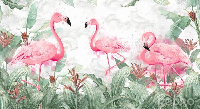 Sticker flamingos in tropical streams with textured background, photo wallpaper