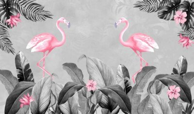 Flamingos inmitten von tropischen Blättern in Grautönen