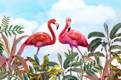 Flamingos inmitten von tropischen Blättern vor dem Hintergrund eines blauen Himmels