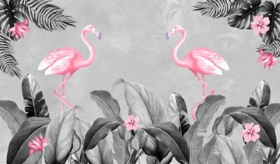 Fototapete Flamingos und graue tropische Blätter