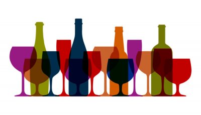 Sticker Flaschen und Gläser mit Wein verschiedene Farben