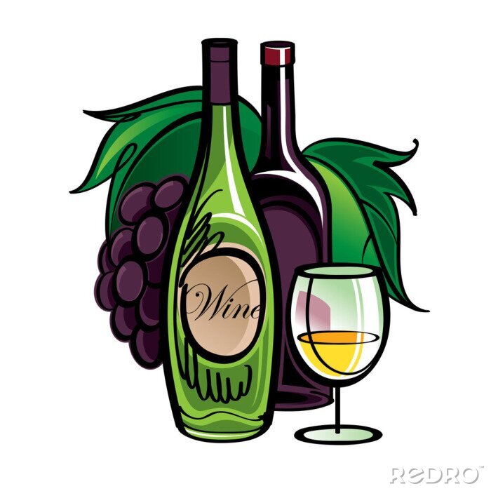 Sticker Flaschen Wein mit Trauben Beeren