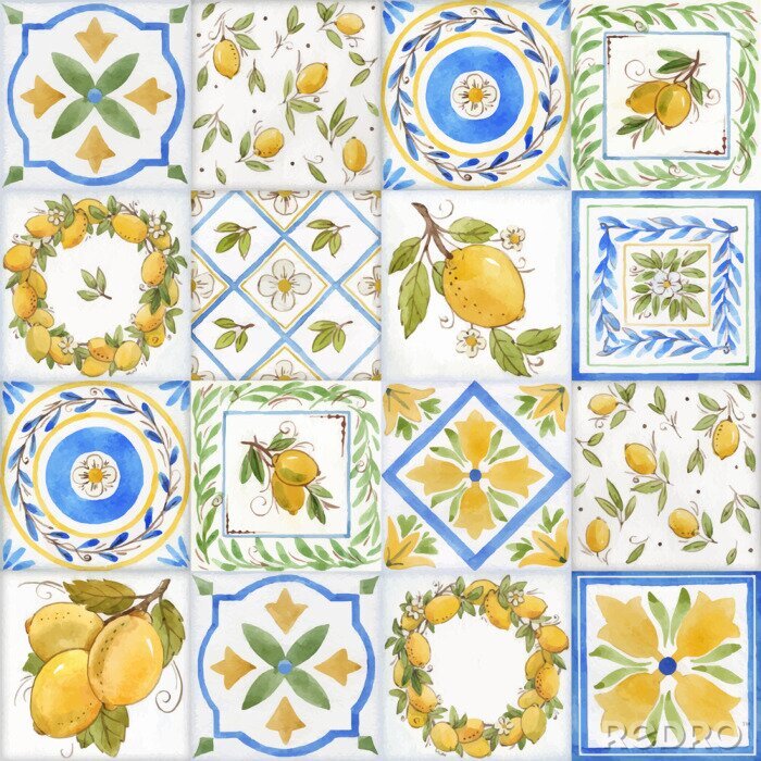 Sticker Fliesenmosaik mit Oliven und Blumen