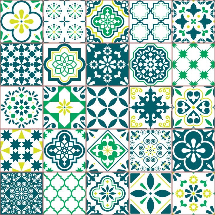 Sticker Fliesenvektormuster - Azulejo Lissabon Retro altes Fliesenmosaik, portugiesisches nahtloses grünes Design