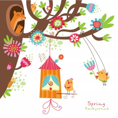 Sticker floral background mit Vögeln