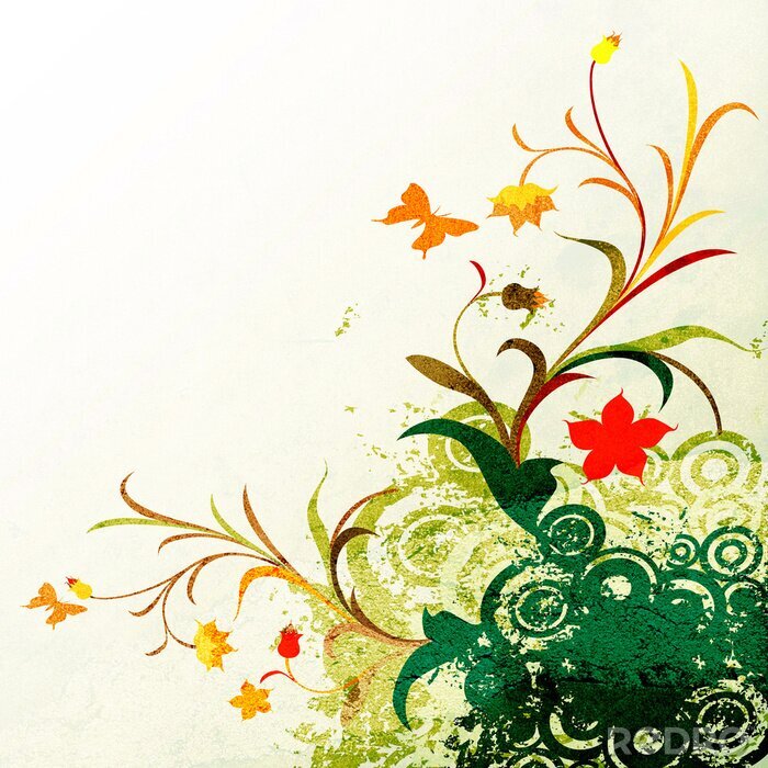 Sticker floral grunge Design mit Kreisen und Schmetterlinge