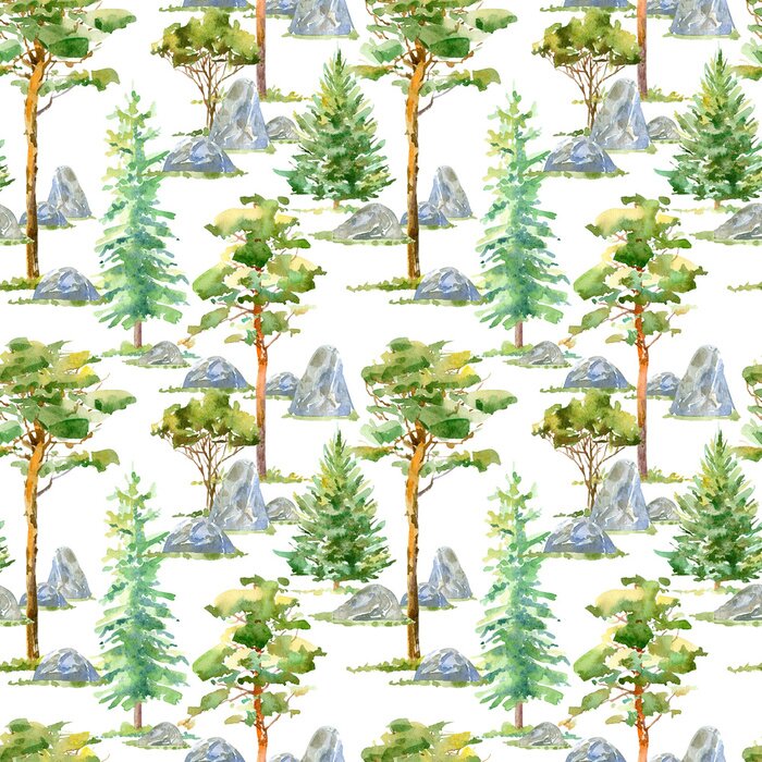 Sticker Floral nahtlose Muster von einer Kiefer, Fichte, Stein und Laubbaum.Watercolor Hand gezeichnet illustration.White Hintergrund.