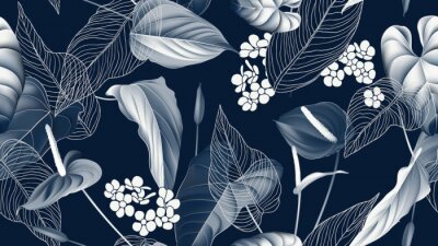 Sticker Floral seamless pattern, Anthurium flowers with leaves in blue tone on dark blue