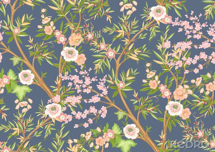 Sticker Floral seamless pattern in chinoiserie style. Vector illustration.