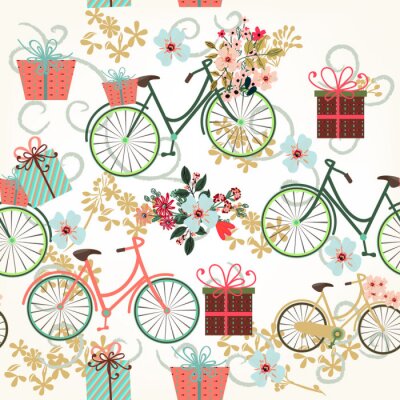 Floral Tapetenmuster mit Fahrrädern und Blumen