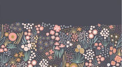 Sticker Flower meadow seamless vector border. A lot of florals in pink, gold, white, teal on dark background repeating horizontal pattern. Doodle line art for fabric trim, footer, header, fall autumn decor
