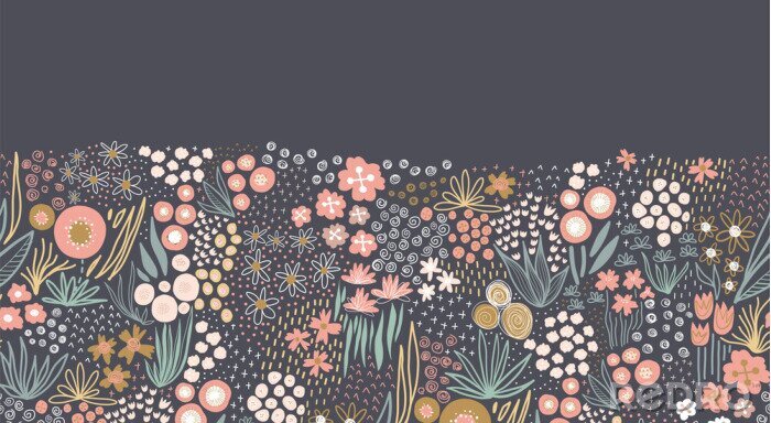 Sticker Flower meadow seamless vector border. A lot of florals in pink, gold, white, teal on dark background repeating horizontal pattern. Doodle line art for fabric trim, footer, header, fall autumn decor