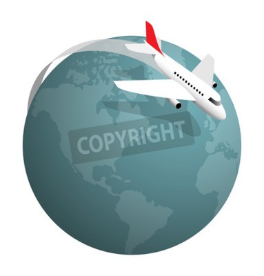 Sticker Flugzeug fliegen rund um den Globus, Vektor-Illustration auf weiß