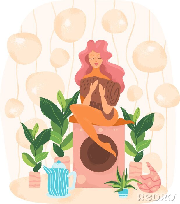 Sticker Frau mit rosa Haaren sitzt auf einer Waschmaschine