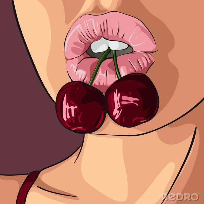 Sticker Frau mit schönen Lippen beißen Kirsche. Abbildung