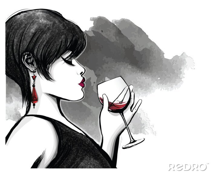 Sticker Frau trinkt Rotwein aus einem Glas